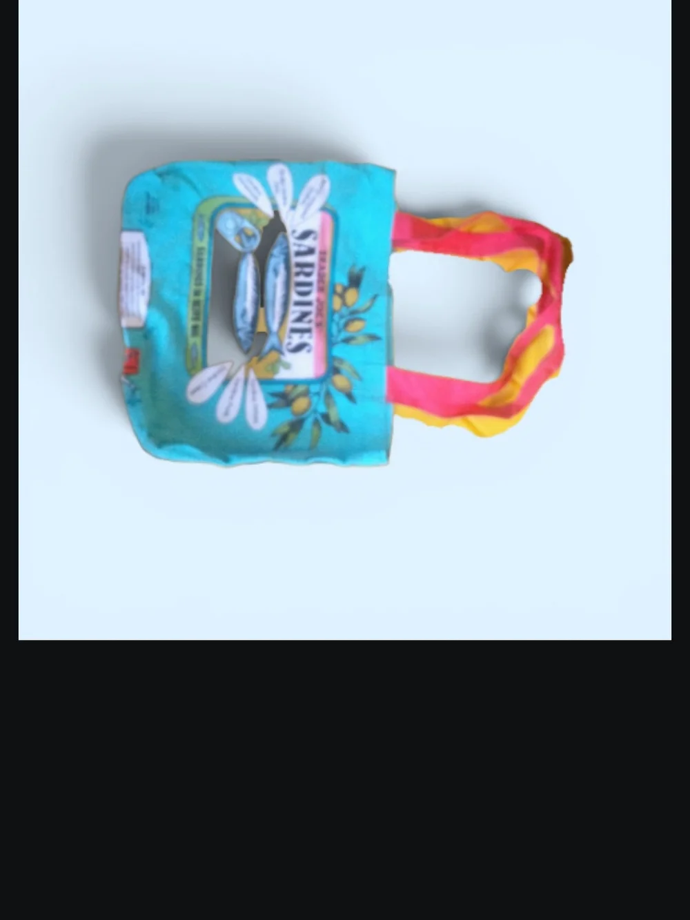 Trader Joes Turquoise Graphic Sardines Tote Bag with Pink Handles